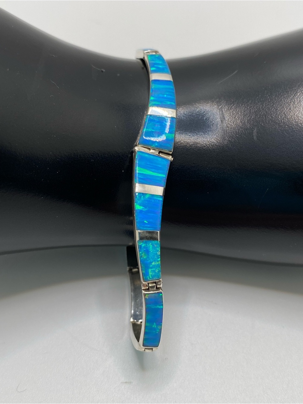 Taxco Mexico 950 Sterling Blue Green Fire Opal Inlay Bracelet 7.5 Inches